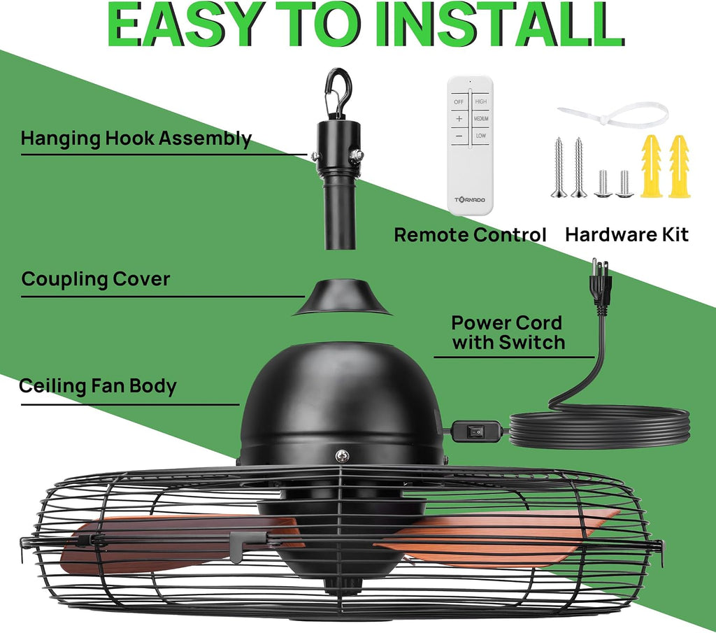Outdoor Ceiling Fan for Patios, 20 Inch Gazebo Fan Waterproof Remote&Cord Control, 3 Speed, Low Noise, Plug in Ceiling Fan for Pergola, Porch, Gazebo, Patio (Brown)