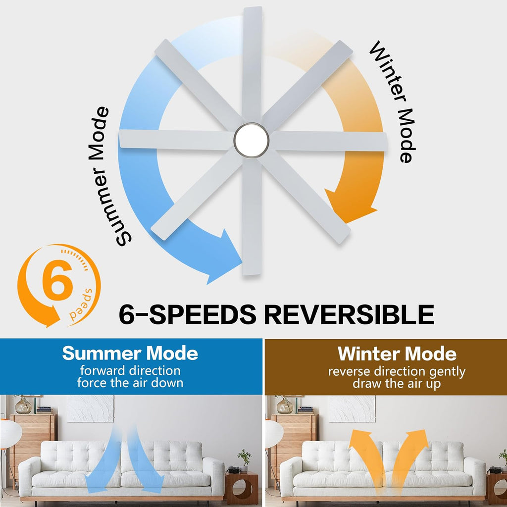 WINGBO 60' Large DC Ceiling Fans with Lights and Remote, 3 Downrods, 8 Plywood Blades, 6-Speeds Reversible DC Motor, 3CCT, Indoor Ceiling Fan for Bedroom Living Room Patio, Brushed Nickel and Silver