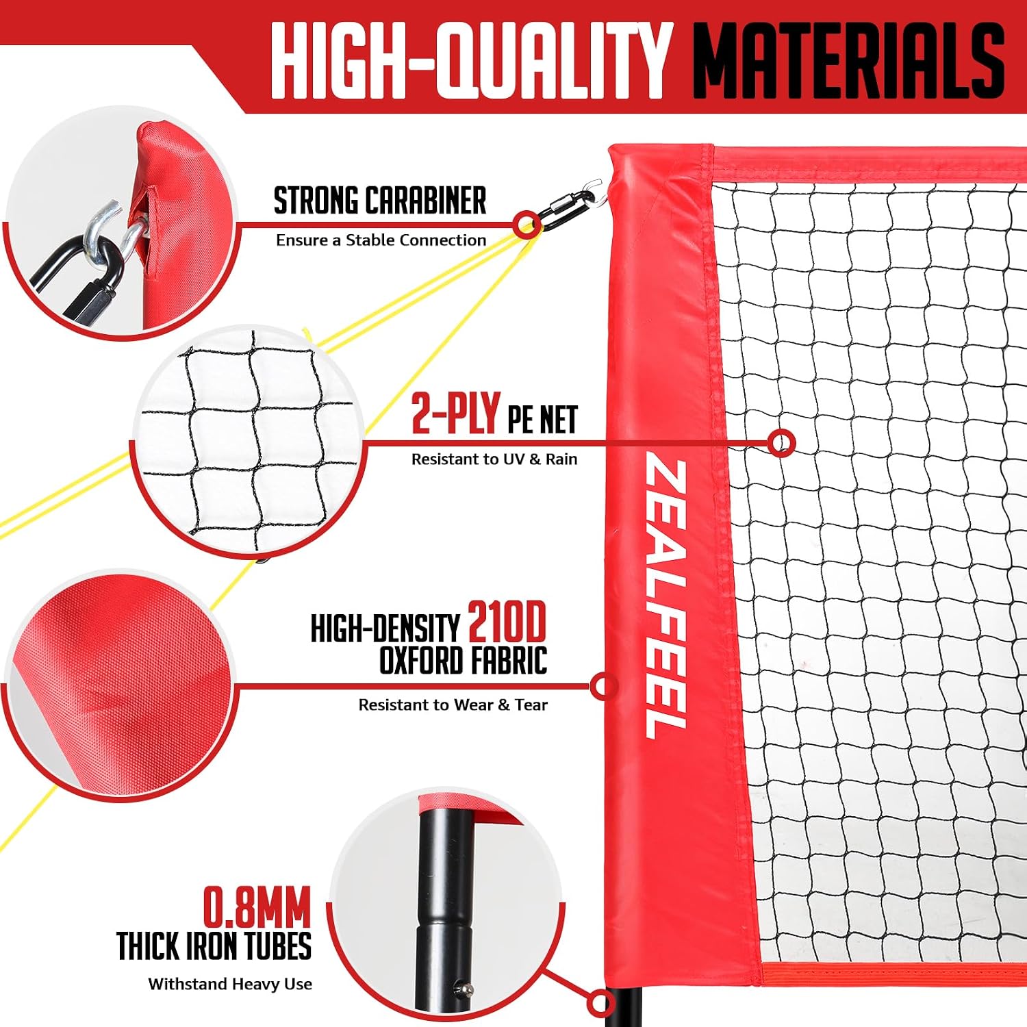 ZEALFEEL 4-Way Volleyball and Badminton Combo Net, 3 Heights Adjustable 4 Square Volleyball Game Set with Vollyball, Pump, Carry Bag, Hammer, 14 FT 4 Person Net for Backyard Beach Lawn