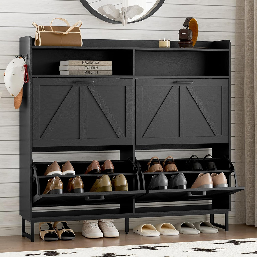 BORNOON Shoe Cabinet with 4 Flip Drawers Narrow Shoe Storage Cabinet Organizer Wooden Freestanding Shoe Rack Hidden Slim Shoes Storage Cabinet for Entryway, Hallway, Living Room, Bedroom