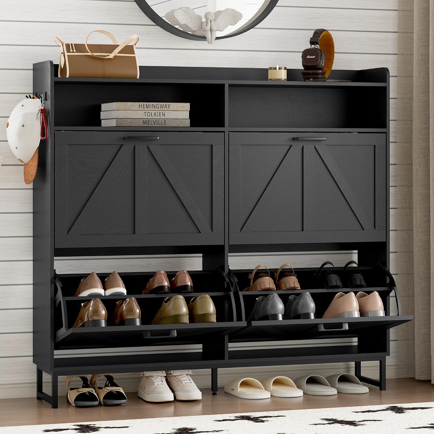 BORNOON Shoe Cabinet with 4 Flip Drawers Narrow Shoe Storage Cabinet Organizer Wooden Freestanding Shoe Rack Hidden Slim Shoes Storage Cabinet for Entryway, Hallway, Living Room, Bedroom