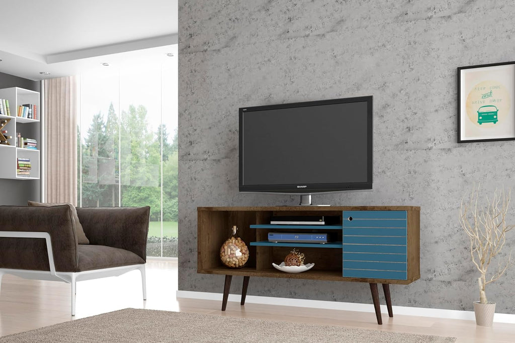Manhattan Comfort Liberty Mid Century Modern TV Stand for Televisions up to 50 Inches, Bedroom and Living Room Entertainment Center with Storage, Shelves, and Cabinet, 53' Wide, Rustic Brown/Aqua