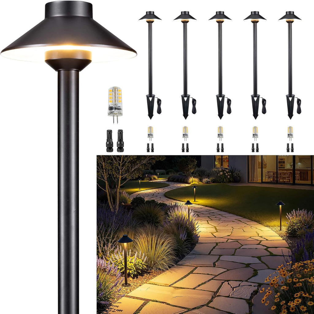 Gardenreet Brass Low Voltage Landscape Lighting - 12V LED Path Lights IP65 Waterproof, Hard-Wired Pathway Light Black for Outside Walkway Garden with 3W 2700K Warm White G4 Replaceable Bulb (6 Pack)
