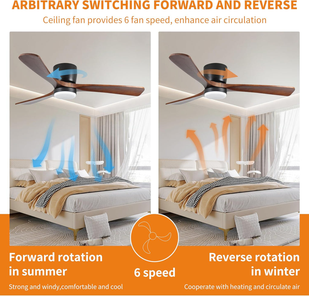 42 inch Black Wood Ceiling Fans with Lights and Remote, Flush Mount Low Profile Ceiling Fan with Light, 6 Speed, Reversible DC Motor, for Bedroom,Outdoor,Farmhouse,Patios