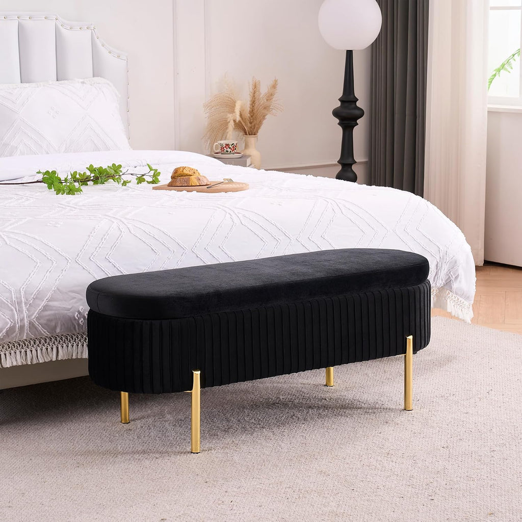 Velvet Storage Bench for Bedroom Upholstered End of Bed Bench Modern Ottoman with Gold Legs for Living Room/Window/Entryway (Black, Oval-45.5' W)