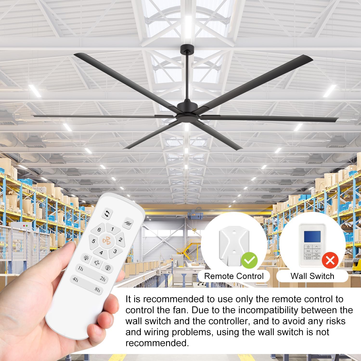 120 Inch Ceiling Fan No Lights Extra Large HVLS 10ft Industrial Black Ceiling Fan without Light for High Ceiling Ultra-Quiet DC Motor 6 Aluminum Blades for Commercial Use Garage Warehouse Gym