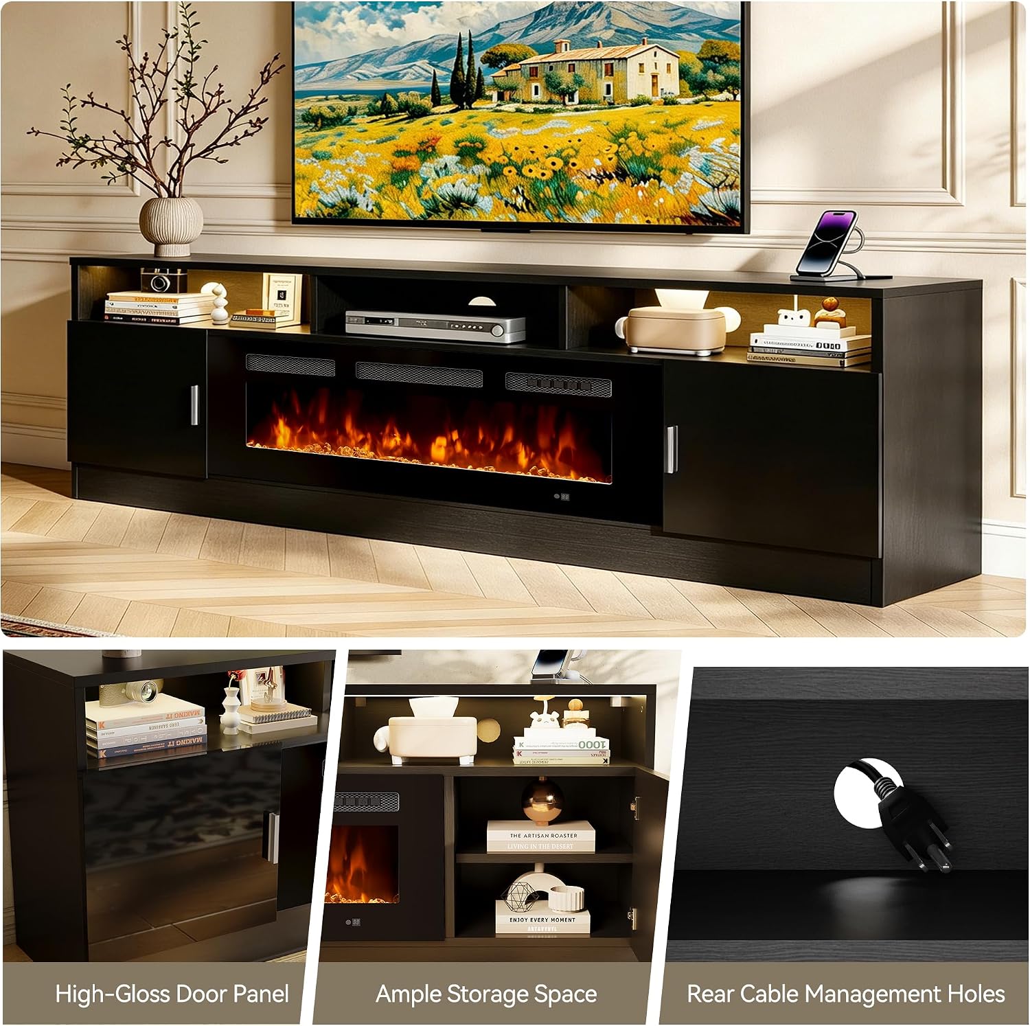 80' Fireplace TV Stand with Power Outlet, Electric Fireplace Entertainment Center with Storage Cabinets, Fits TVs up to 90', TV Console with LED Lights for Living Room, Office, Black-Black