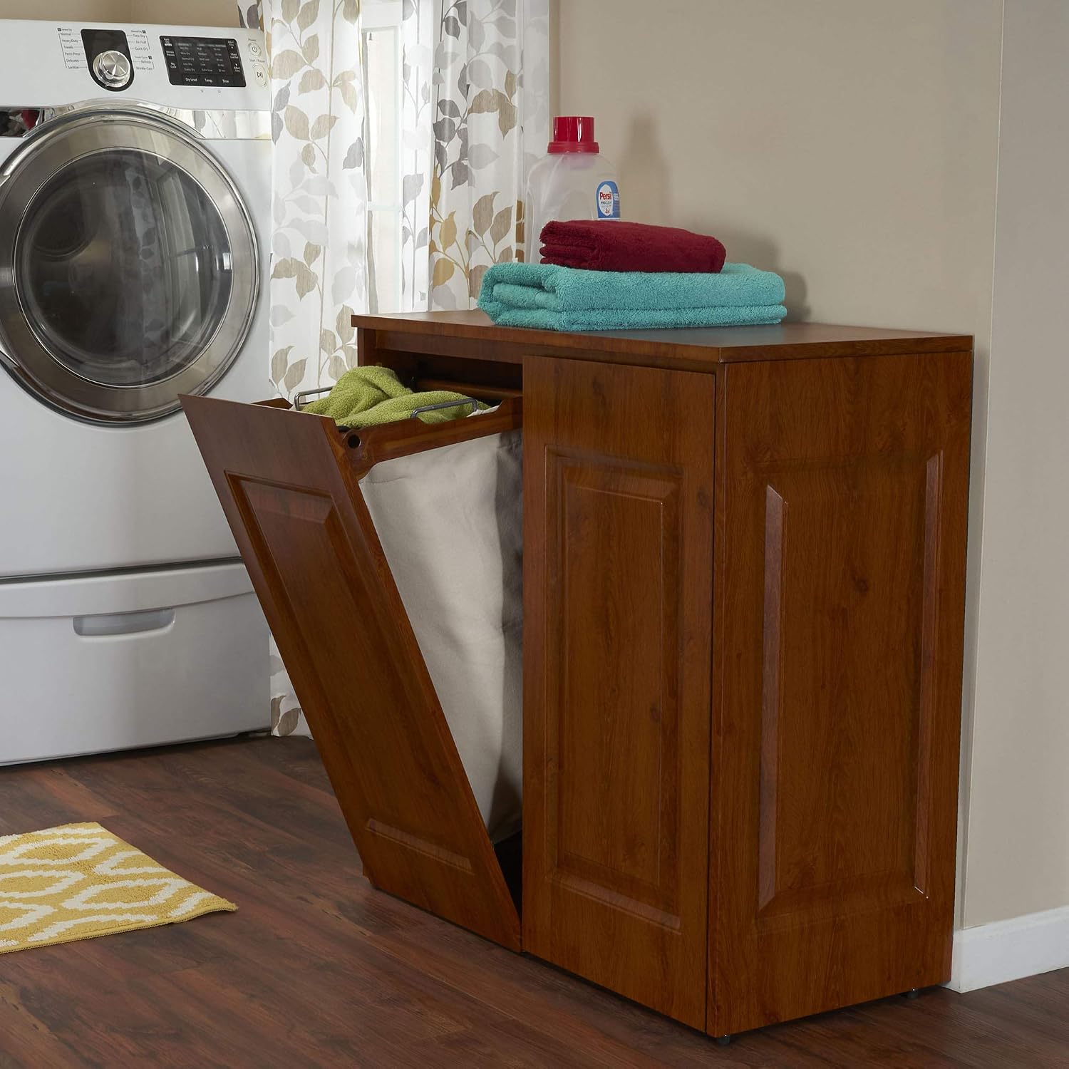 Household Essentials Steel Frame Tilt-Out Hamper Cabinet with Faux Wood Accents