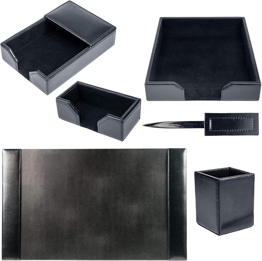 DACASSO Bonded Leather Desk Set - Luxury Leather Desk Pad & Desk Organization Essentials (Black, 6 Piece)