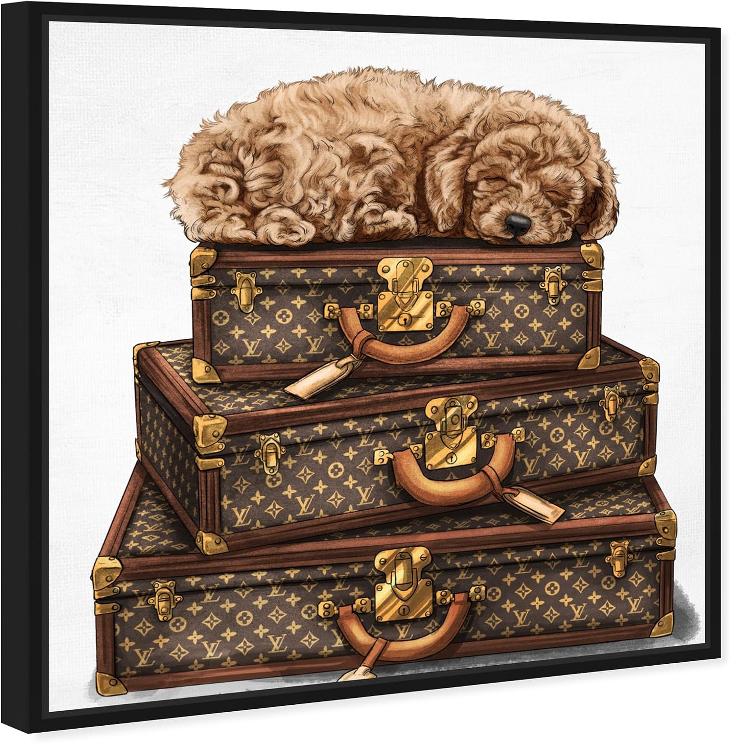 The Oliver Gal Artist Co. Fashion and Glam Framed Wall Art Canvas Prints 'Sleeping Poodle' Travel Essentials Home Décor, 16 in x 16 in, Brown, White