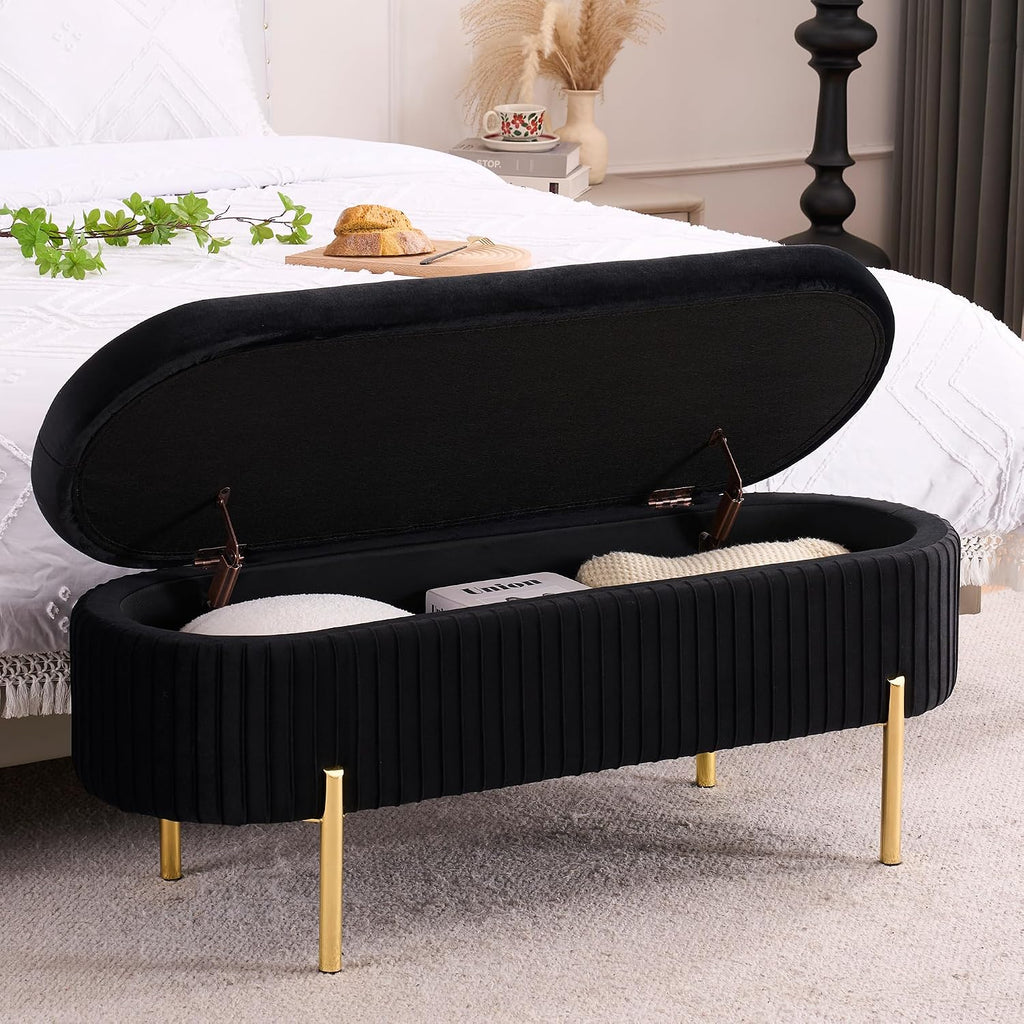 Velvet Storage Bench for Bedroom Upholstered End of Bed Bench Modern Ottoman with Gold Legs for Living Room/Window/Entryway (Black, Oval-45.5' W)