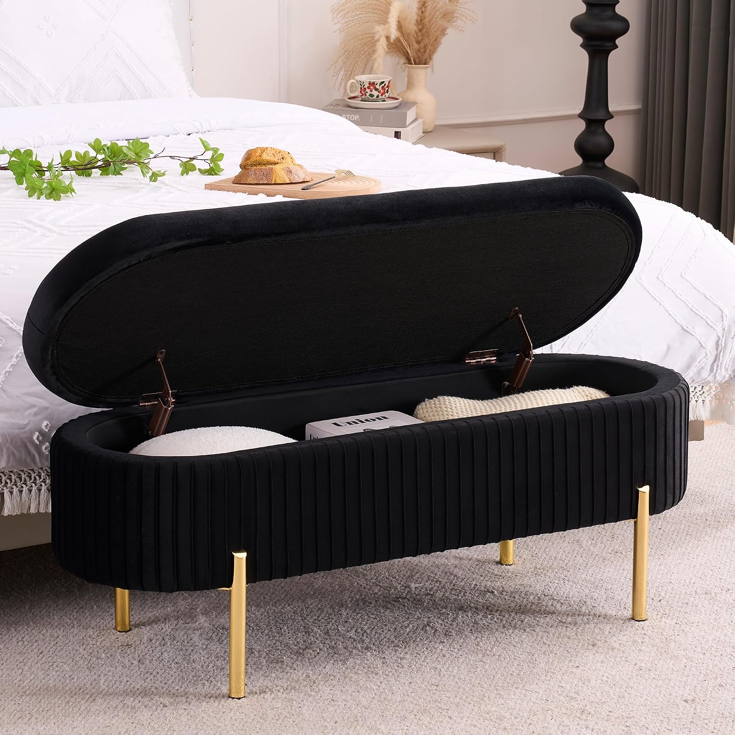 Velvet Storage Bench for Bedroom Upholstered End of Bed Bench Modern Ottoman with Gold Legs for Living Room/Window/Entryway (Black, Oval-45.5' W)