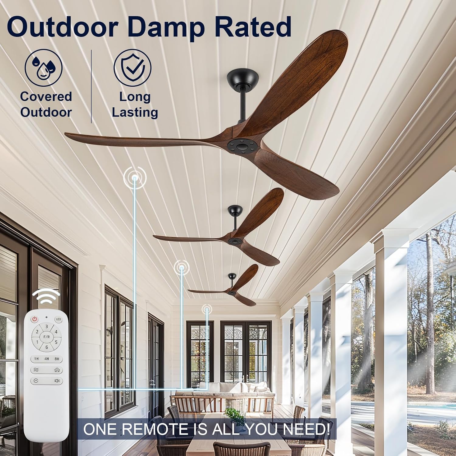 72 inch Ceiling Fans Without Lights, Large Ceiling Fan no Light, Wet Rated Outdoor Ceiling Fans for Patios Outside Porch, High CFM speed DC Motor, 3 Blade Walnut Wood Ceiling Fan with Remote