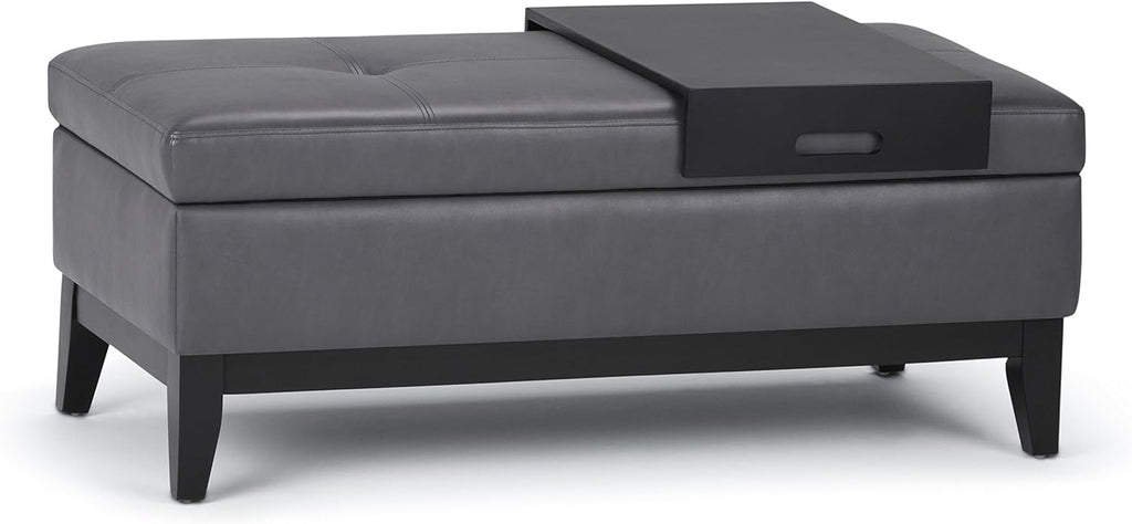 SIMPLIHOME Oregon Storage Ottoman Bench with Tray - 42 inch Wide Upholstered Vegan Leather Rectangle Storage Ottoman Bench in Stone Grey, Transitional Tufted Ottoman for Living Room with Lift-Up Lid