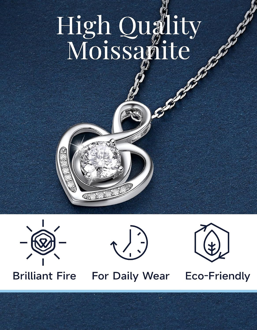 MomentWish Heart Necklace for Women, Jewelry Gifts for Her, D Color VVS1 Moissanite Necklace in 925 Sterling Silver, Infinity Pendent for Birthday Anniversary Mother's Day