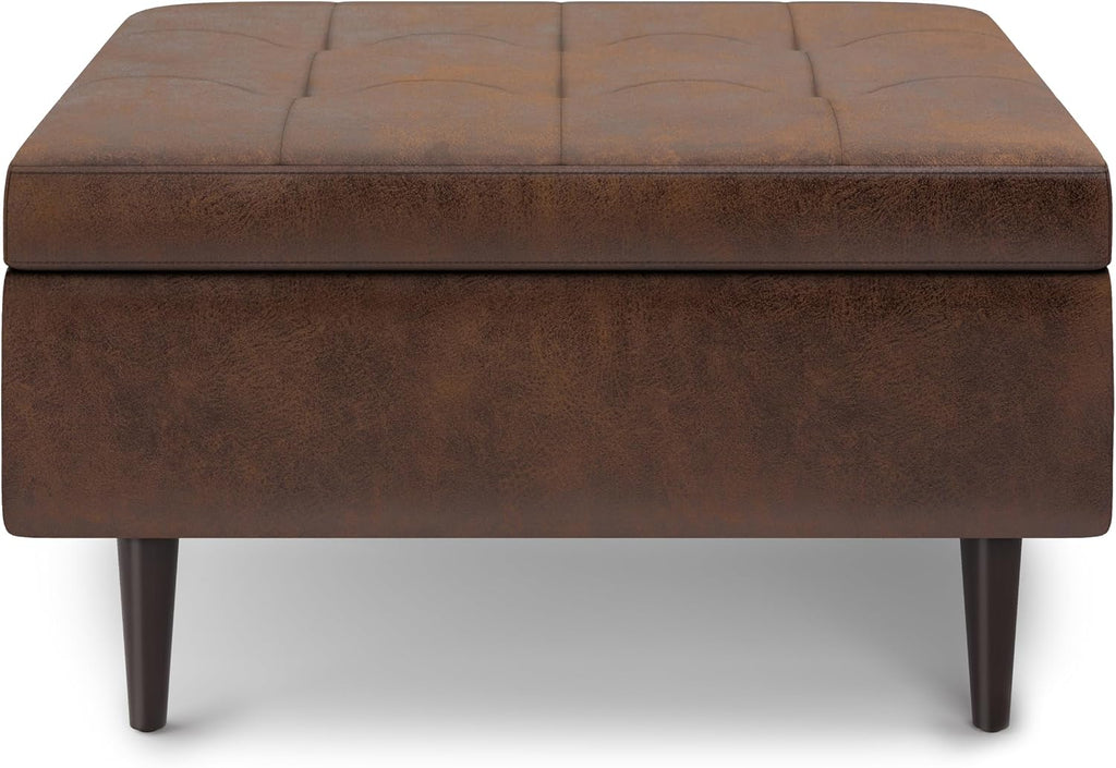 SIMPLIHOME Shay Coffee Table Storage Ottoman - 34 inch Wide Upholstered Vegan Leather Small Rectangle Ottoman in Distressed Chestnut Brown, Mid-Century Modern Tufted Ottoman for Entryway with Lift Top
