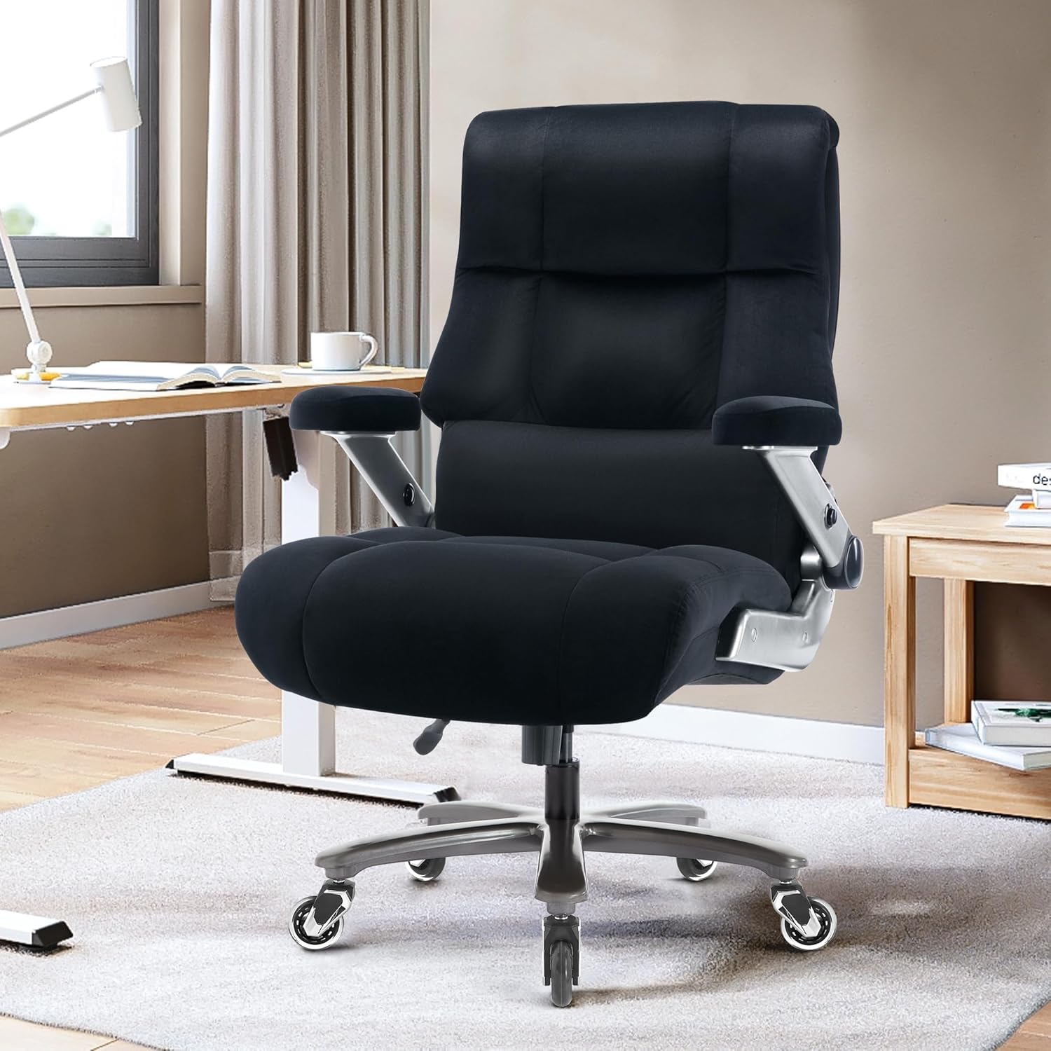 Big and Tall Office Chair 700lbs- Executive Desk Chair with Adjustable Lumbar Support 3D Flip UP Arms- Heavy Duty Quiet Wheels Metal Base Ergonomic Computer Chairs, Black