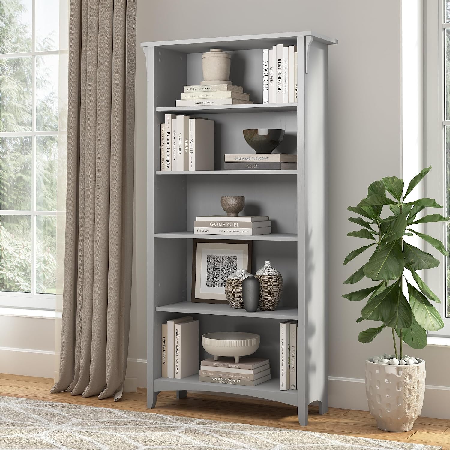 Bush Home Salinas 5 Shelf Bookcase in Cape Cod Gray, Tall Bookshelf, Large Book Shelf for Living Room, Home Office, or Entryway
