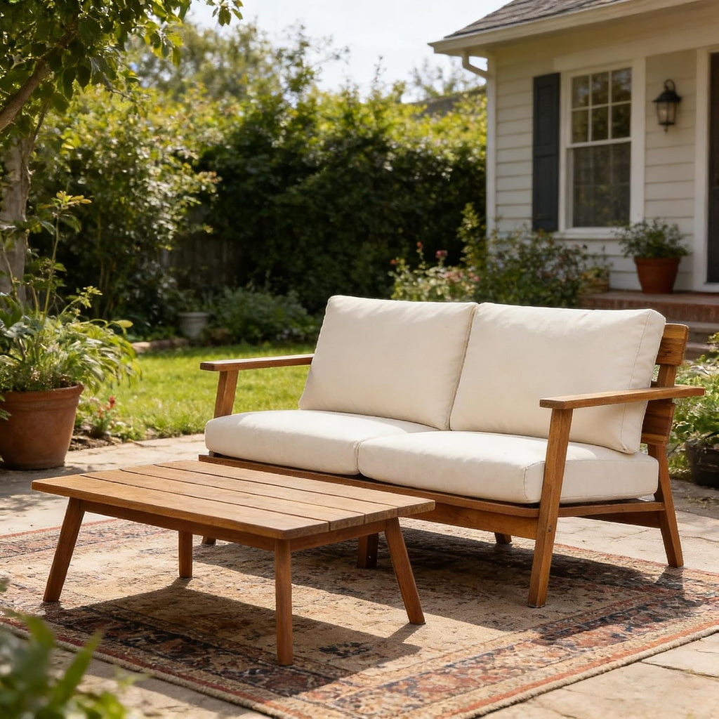 Christopher Knight Home Colmar 2 Pieces Conversation Set, Mid Century Patio Loveseat Sofa and Coffee Table, Outdoor Acacia Wood Loveseat and Table Set with Cushions in Slats Panels Design, Teak+ Beige