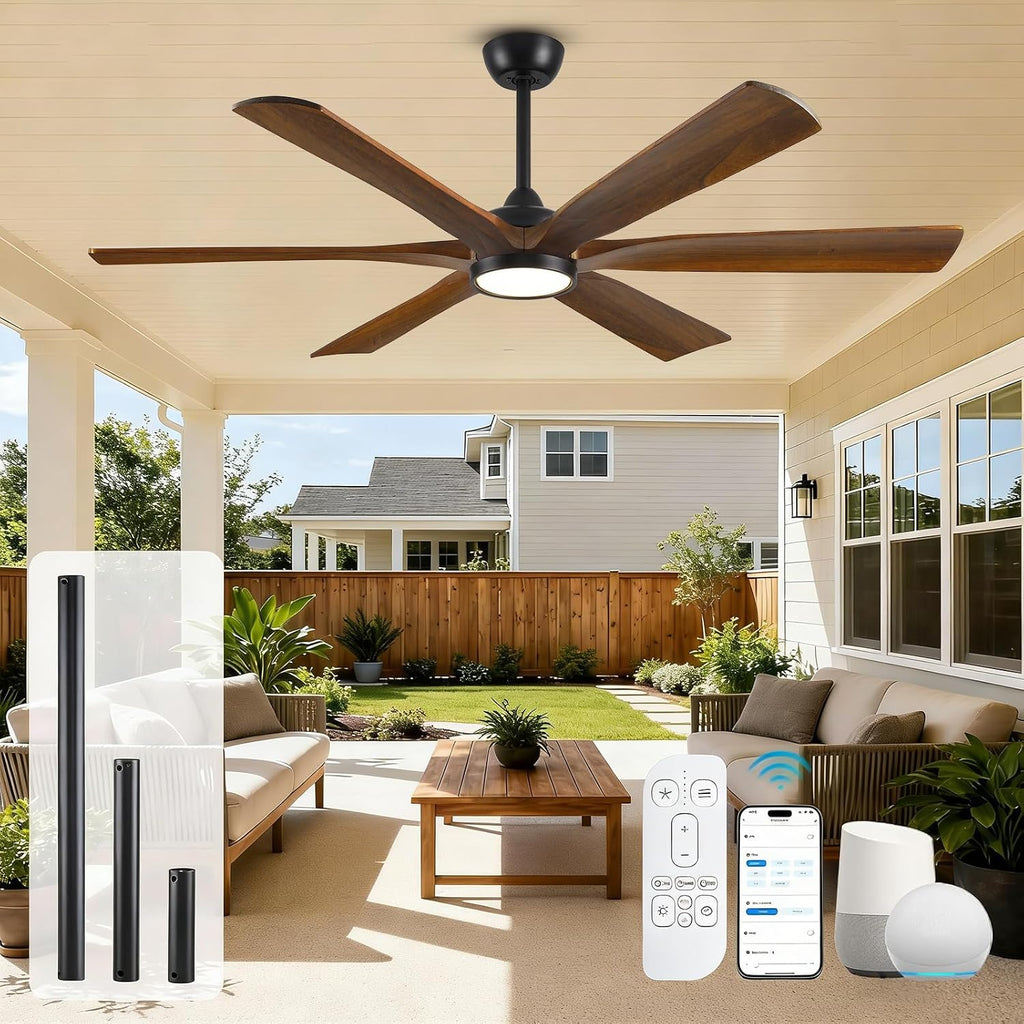60 Inch Smart Outdoor Ceiling Fan with Lights for Patios, High CFM, Damp Rated 6 Walnut Wood Blades, Alexa Wifi Remote Control, for Modern Farmhouse Indoor Exterior Porch, for Sloped/Tall Ceiling