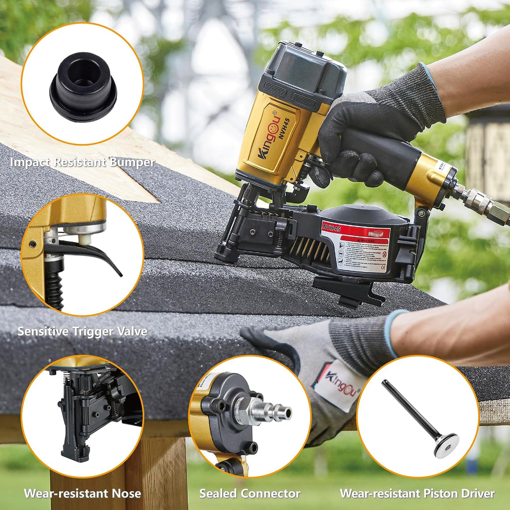 Kingou NVH45 Roofing Nailer Gun For Roofing Constructions Accepts 7/8-Inch to 1-3/4-Inch Nails 15 Degree With 3/8 NPT Air Connector 120-pcs Load Capacity Roofing Nailer