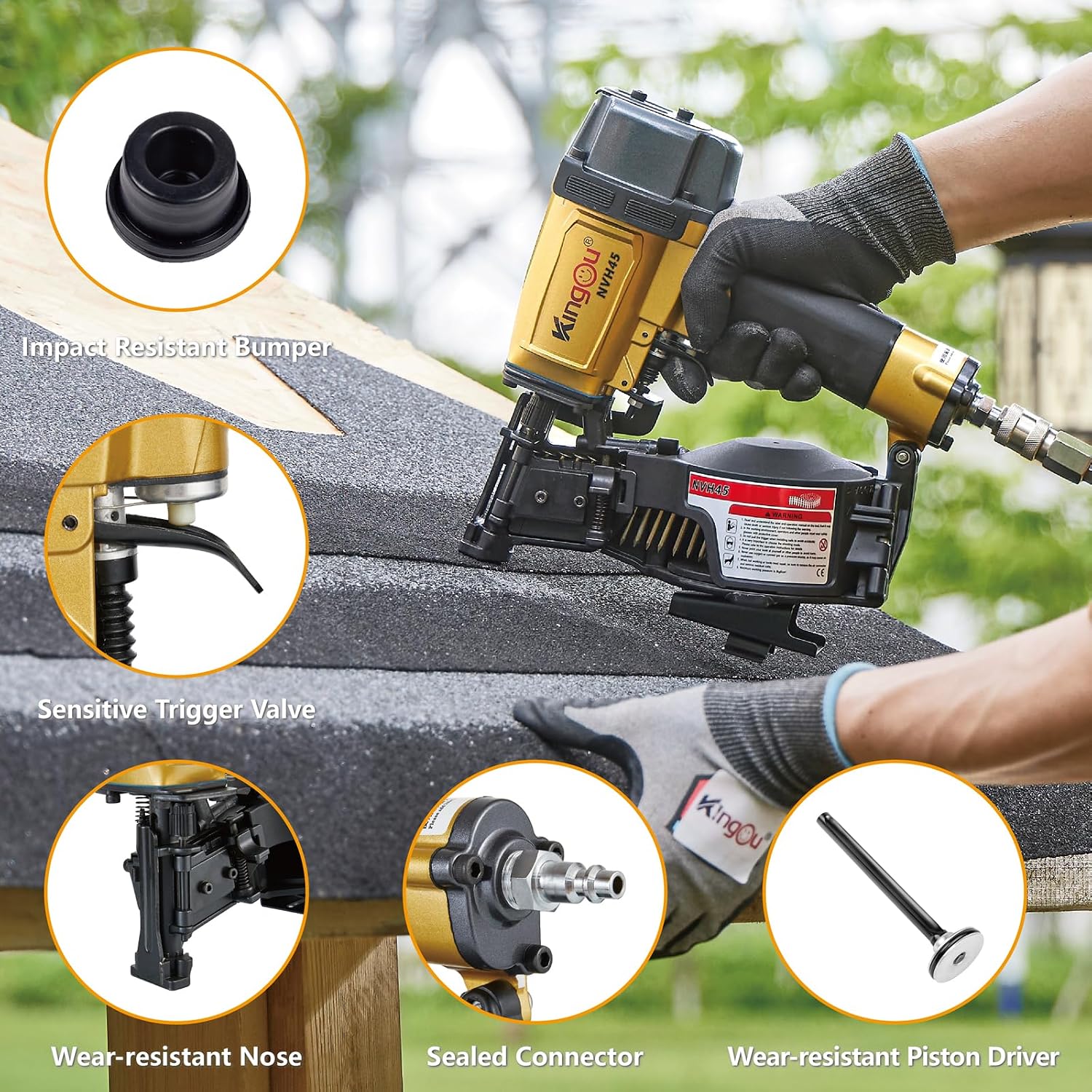 Kingou NVH45 Roofing Nailer Gun For Roofing Constructions Accepts 7/8-Inch to 1-3/4-Inch Nails 15 Degree With 3/8 NPT Air Connector 120-pcs Load Capacity Roofing Nailer