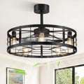 LEDIARY 26 inch Fandelier Caged Ceiling Fan with Light, Bladeless Ceiling Fan with Remote, Farmhouse Fan Lights Ceiling Fixtures for Kitchen, Bedroom, Outdoor(6 Speed, Timing)-Black