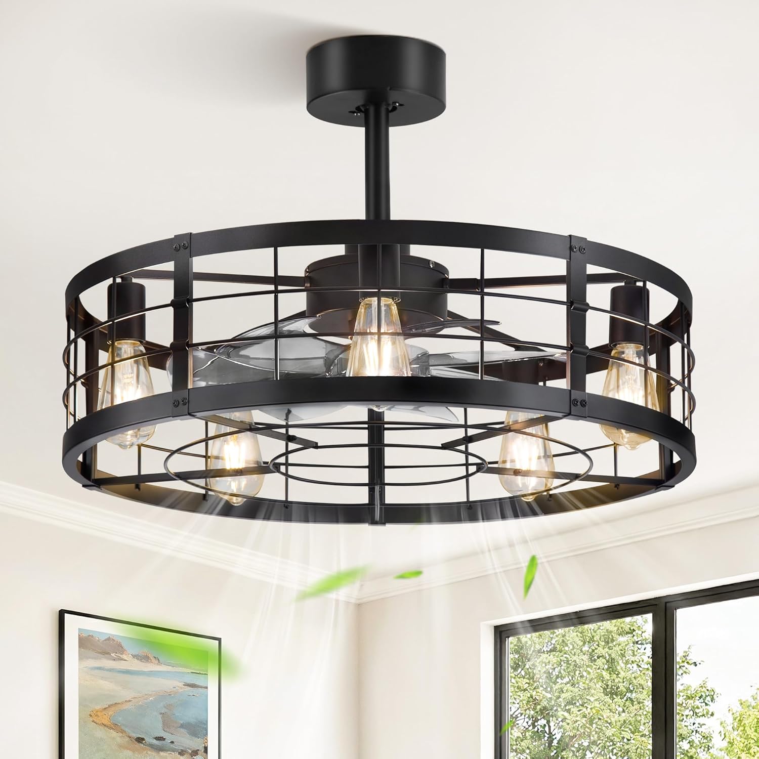 LEDIARY 26 inch Fandelier Caged Ceiling Fan with Light, Bladeless Ceiling Fan with Remote, Farmhouse Fan Lights Ceiling Fixtures for Kitchen, Bedroom, Outdoor(6 Speed, Timing)-Black