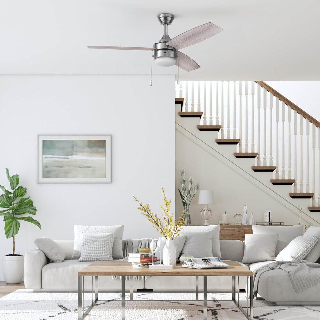 Honeywell Ceiling Fans Berryhill, 48 Inch Ceiling Fan with Color Changing LED Light, Pull Chain, Dual Mounting Options, 3 Dual Finish Blades, Reversible Airflow - 51857-01 (Brushed Nickel)