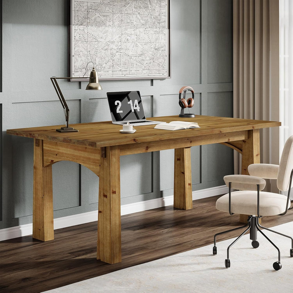 Solid Wood Executive Desk, 63-Inch Computer Desk with Sturdy Wooden Legs, Farmhouse Workstations Writing Table Conference Table Business Furniture for Home Office