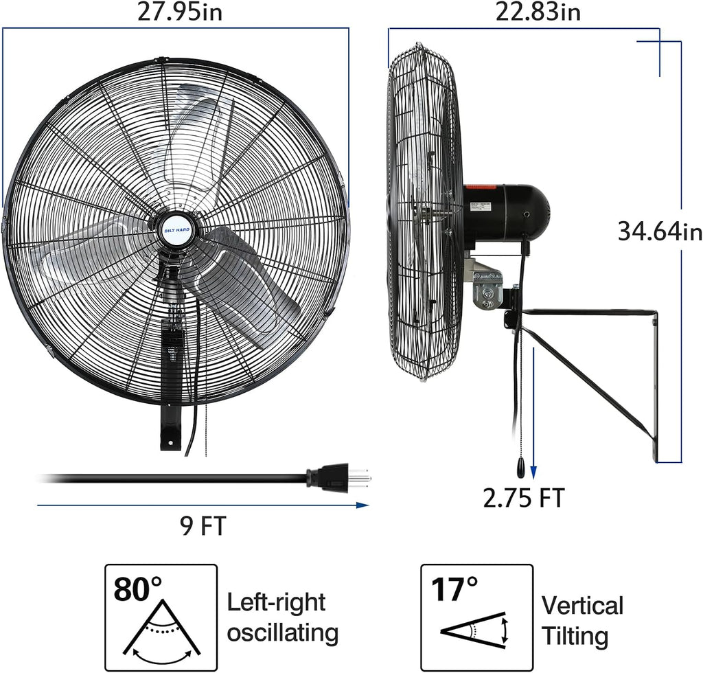 BILT HARD 6500 CFM 24in. High Velocity Industrial Wall Mounted Fan, 3-Speed Oscillating Heavy Duty Air Circulator for Commercial Use, Garage, Warehouse, Factory and Jobsite, 2 Pack