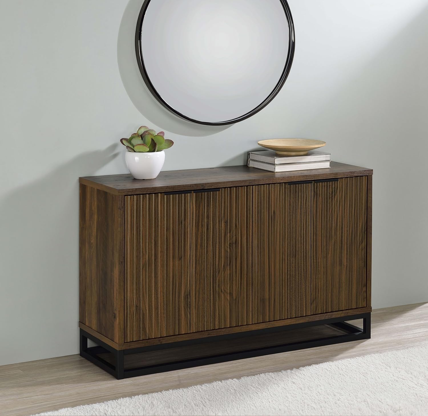 Coaster Home Furnishings - Ryatt - 4-Door Engineered Wood Accent Cabinet with Fluted Design, Two Shelves - Transitional Style - Living Room, Entryway & Home Kitchen - Dark Pine - 950393