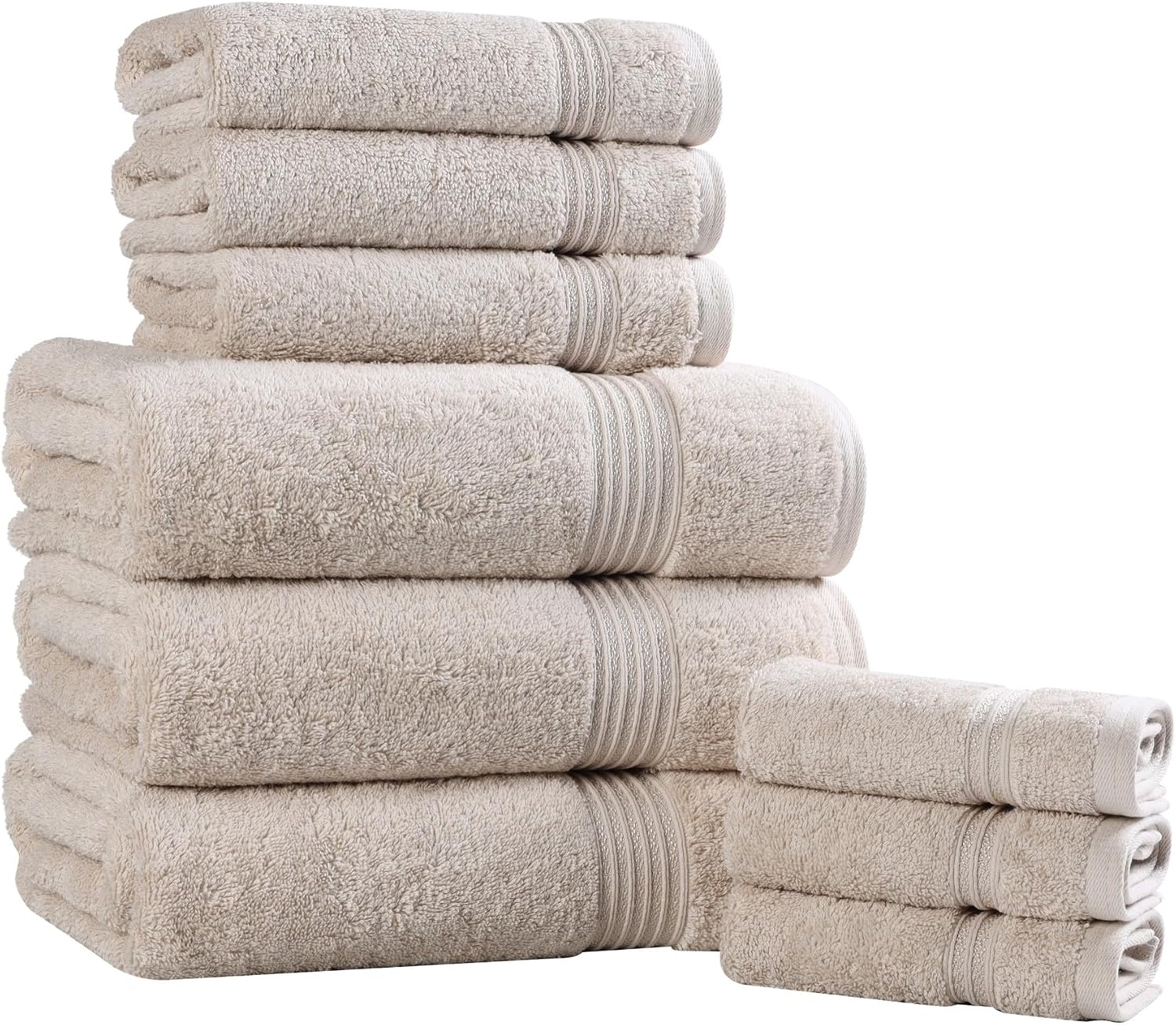 Superior Egyptian Cotton 9-Piece Towel Set, Assorted Towels for Home Bathroom, Master, Guest Bath, Decor Essentials, Includes 3 Bath, 3 Hand, 3 Face Towels/Washcloths, Quick Dry, Absorbent, Stone