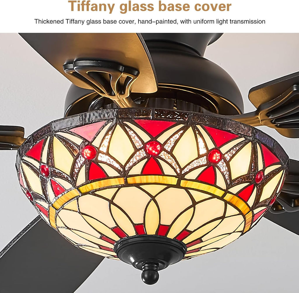 Tiffany Ceiling Fans with Lights - 52' Ceiling Fan Chandelier with 5 Dual-Blades and Glass Shade, 6 Speeds and Reversible, Indoor and Outdoor, Retro Style