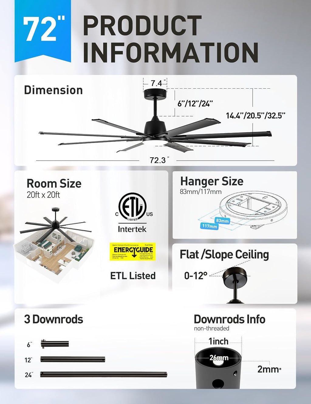 Minislak 72 Inch Ceiling Fan with Light,Industrial Ceiling Fan with 8 Black Aluminium Blades,Smart Fan Compatible with Alexa,Garage Outdoor Indoor Fan for Patio and Living Room