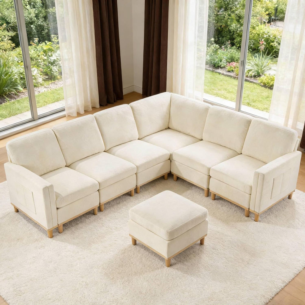 KEIKI 110' Modular Sectional Sofa for Living Room, Convertible 6 Seat Cloud Couch with Soft Fabric Padding, Reconfigurable Furniture for Open Concept Space, Bright Modern Home, White