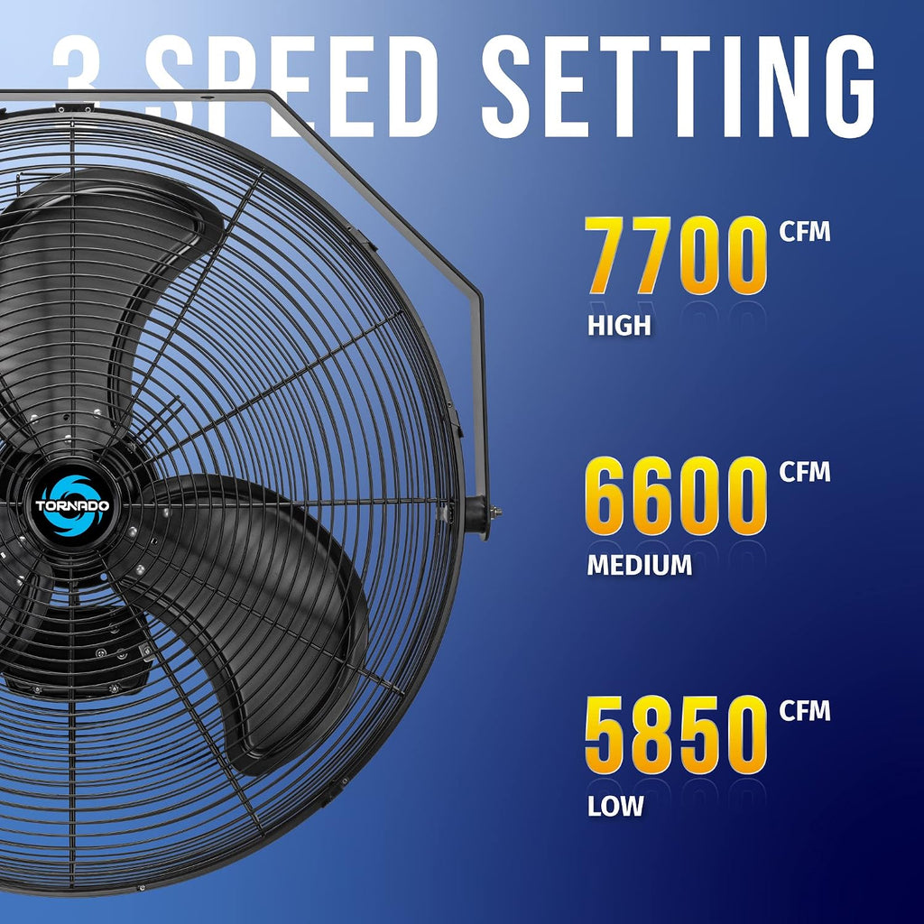 Tornado 24 Inch Outdoor Rated IPX4 Water-Resistant High Velocity Metal Industrial Workstation Wall Mount Fan For Commercial, Industrial, Residential, Greenhouse Use TEAO Motor 3 Speed UL Safety Listed