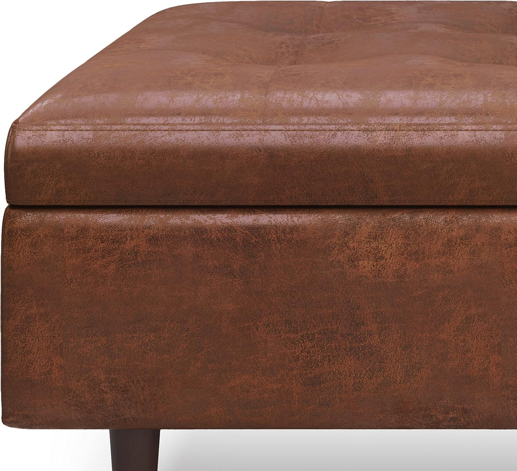 SIMPLIHOME Shay Coffee Table Storage Ottoman - 38 inch Wide Upholstered Vegan Leather Large Square Ottoman in Distressed Saddle Brown, Mid-Century Modern Tufted Ottoman for Living Room with Lift Top