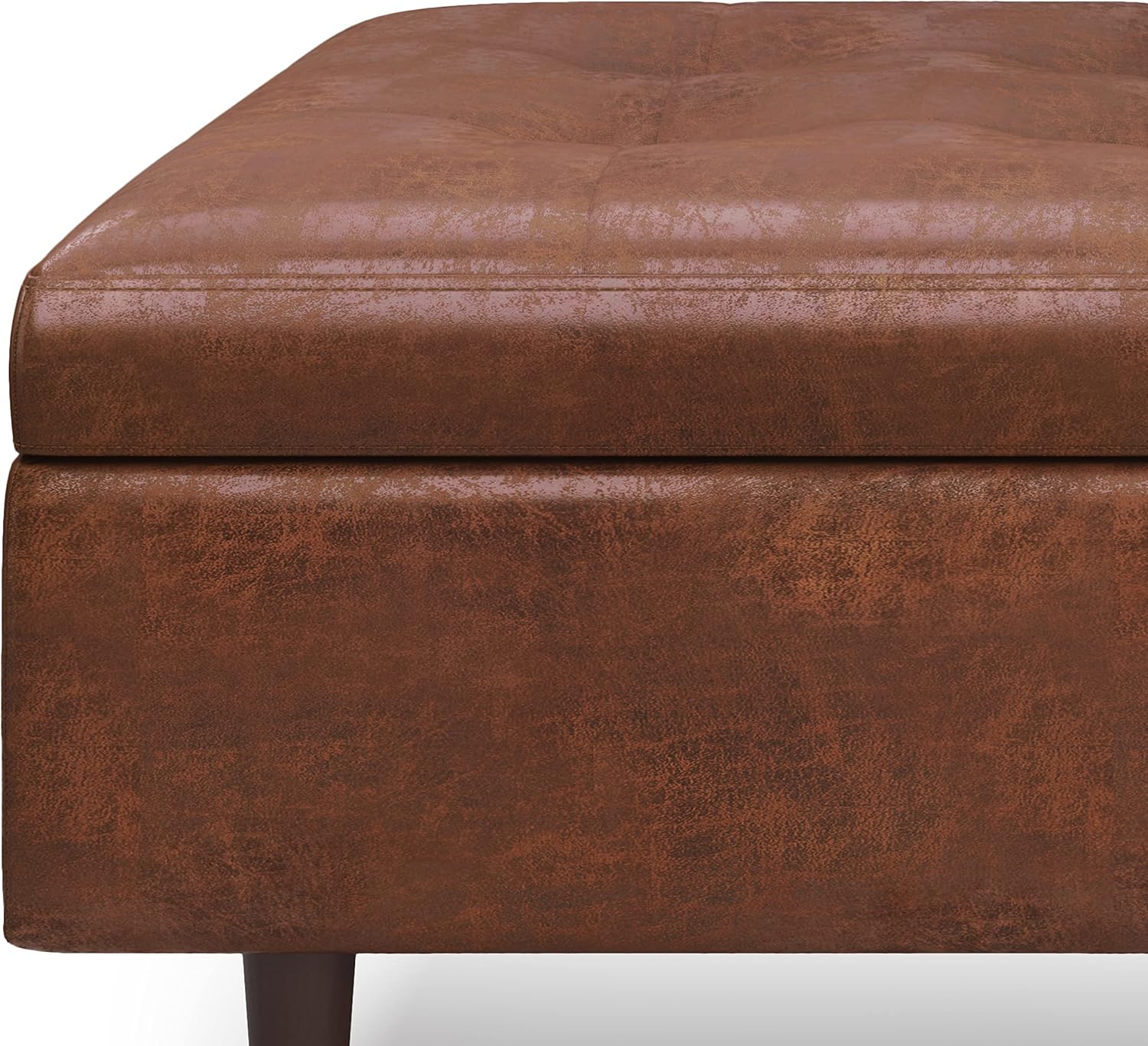 SIMPLIHOME Shay Coffee Table Storage Ottoman - 38 inch Wide Upholstered Vegan Leather Large Square Ottoman in Distressed Saddle Brown, Mid-Century Modern Tufted Ottoman for Living Room with Lift Top