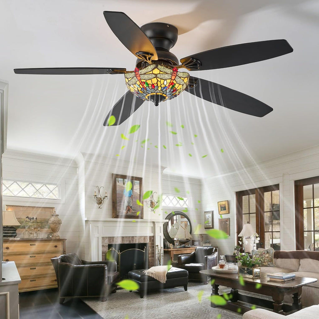 Tiffany Ceiling Fans with Lights - 52' Ceiling Fan Chandelier with 5 Dual-Blades and Glass Shade, 6 Speeds and Reversible, Indoor and Outdoor, Retro Style