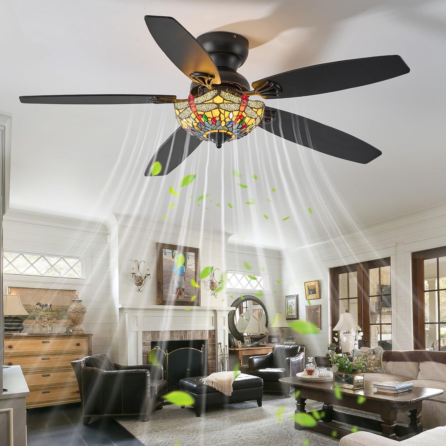 Tiffany Ceiling Fans with Lights - 52' Ceiling Fan Chandelier with 5 Dual-Blades and Glass Shade, 6 Speeds and Reversible, Indoor and Outdoor, Retro Style