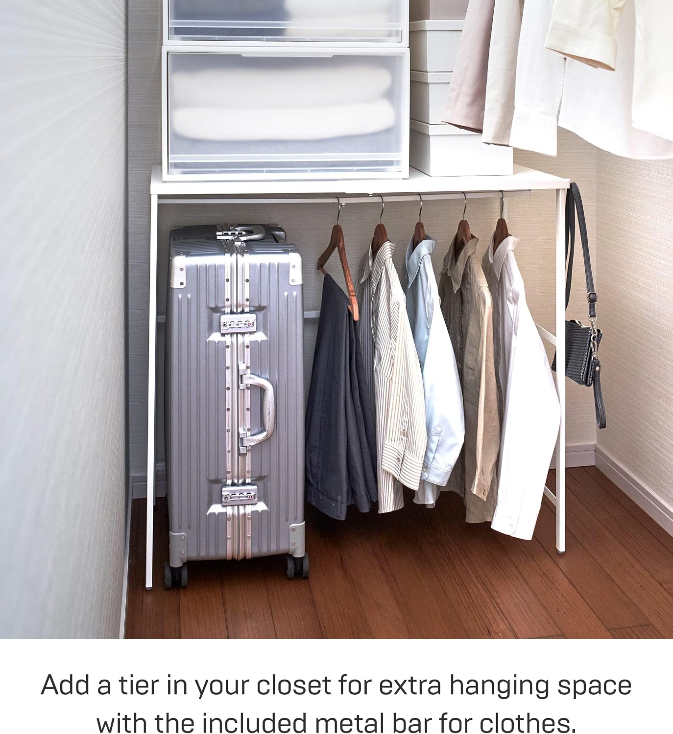 YAMAZAKI Home Tower Expandable Over Suitcase Shelf, Closet Luggage Organization Clothes Hanger Metal Shelf - Steel