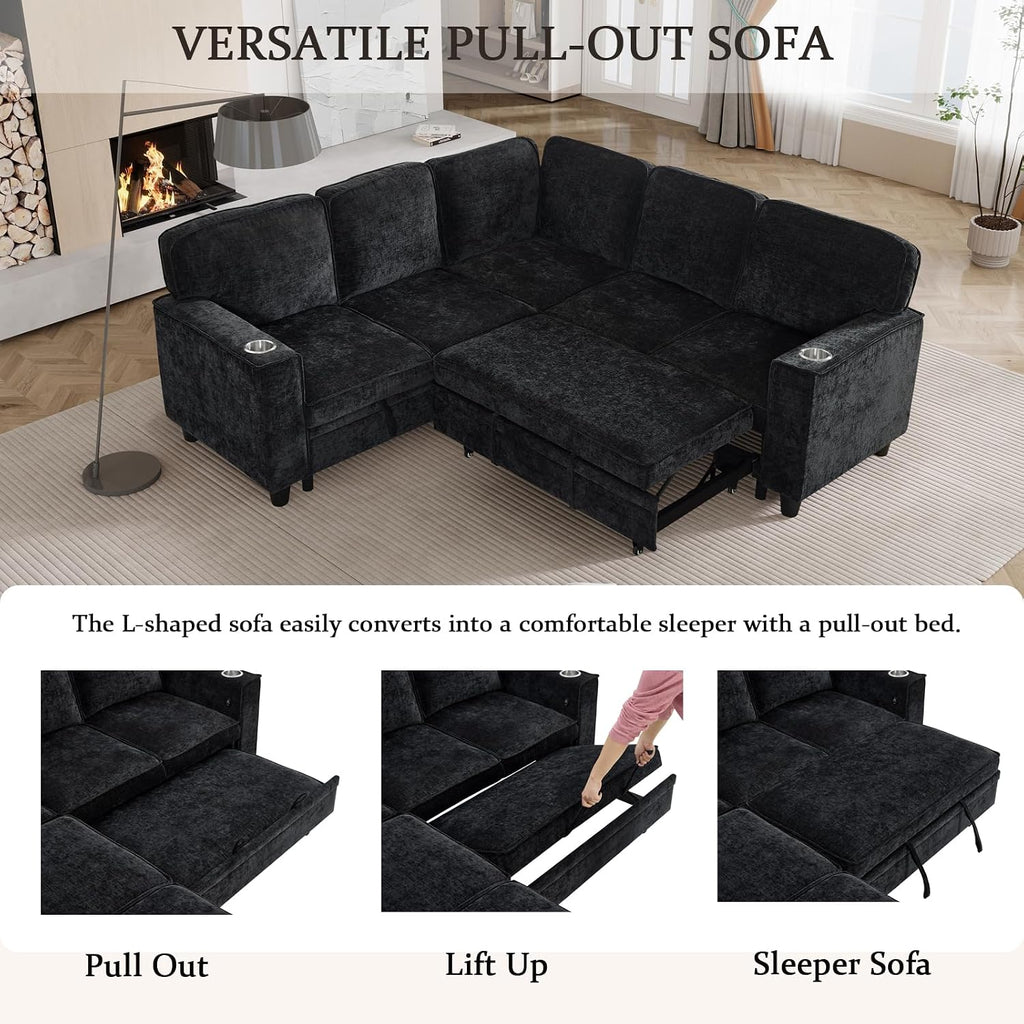 KEIKI 81' L-Shaped Oversized Chenille Modular Sectional Sleeper Sofa with Pull-Out Bed, Storage Seat, Modern 5-Seater Upholstered Couch Bed with Charging Station, Easy Assembly, for Living Room, Black