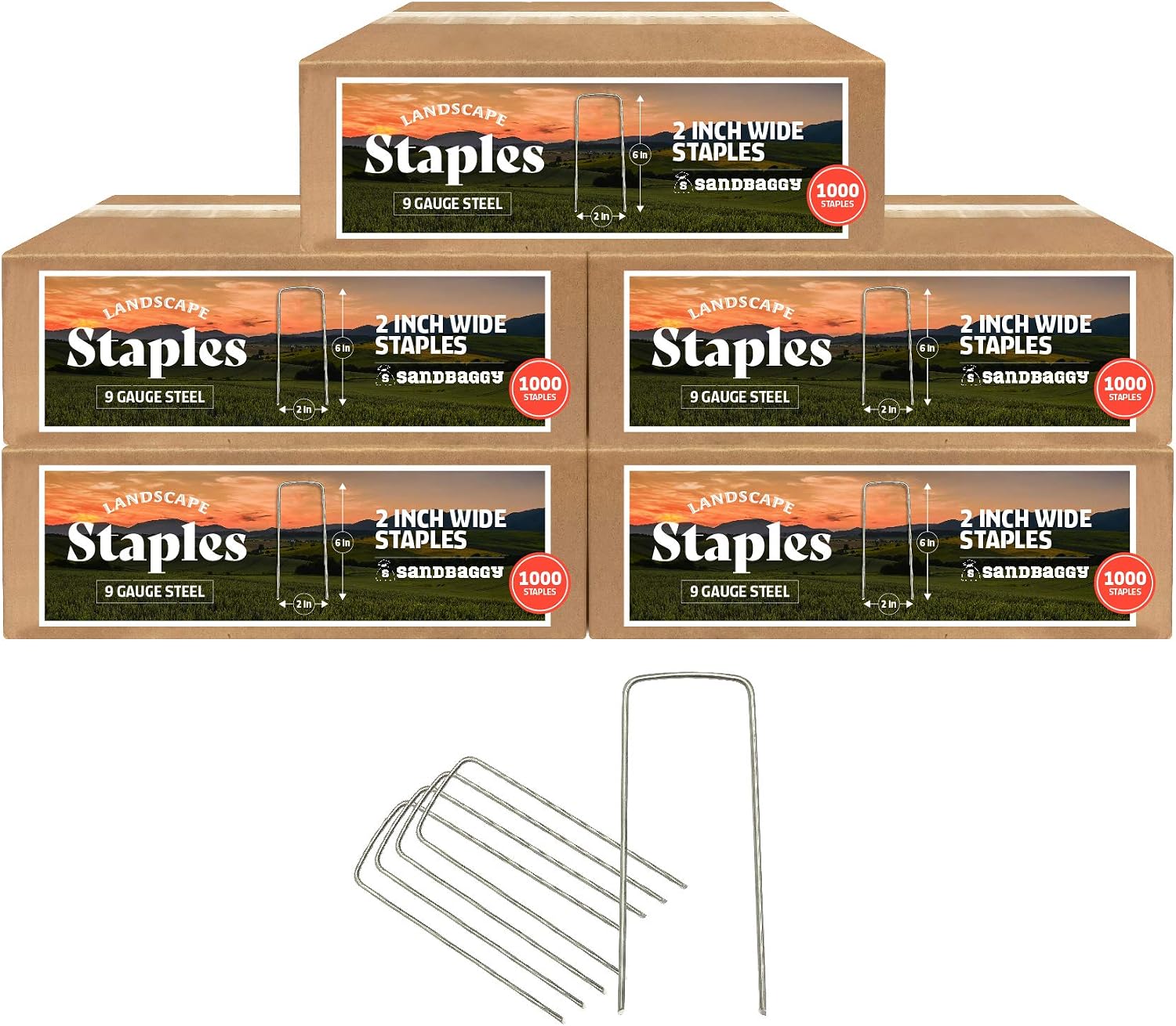 Sandbaggy 2 Inch Extra Wide Landscape Pins (9 Gauge) - Garden Staples Heavy Duty - Ground Cover Anchors - Lawn Nails - Garden Stakes (5000 Pieces)