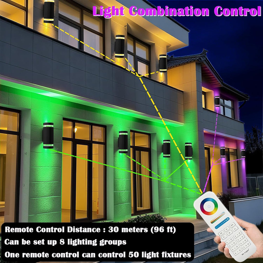 iYogaled RGB Outdoor Wall Lights with RF Remote Control, Color Changing Porch Light, Up and Down Smart Wall Sconces with 2700k- 6500k RGB+CCT and 32 Modes-ETL Listed (2 Pack)