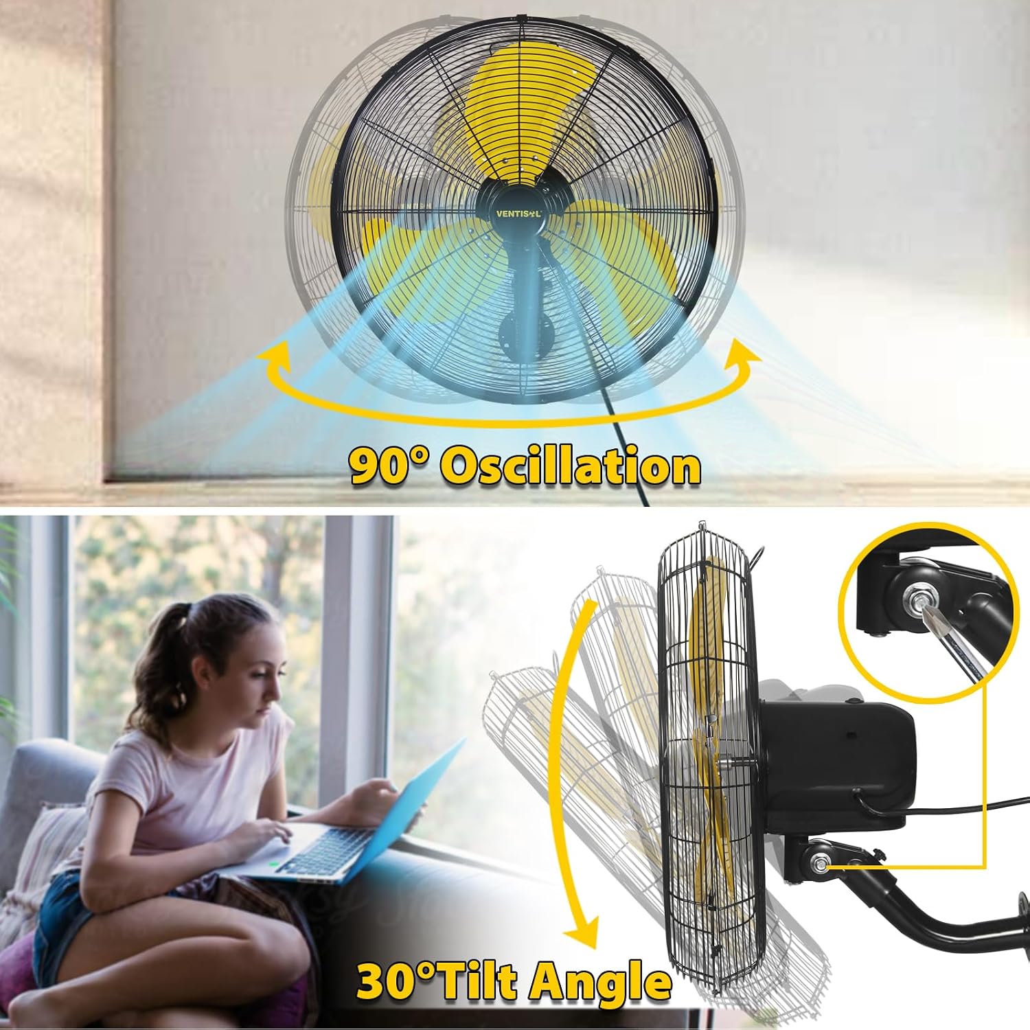 VENTISOL 20 Inch Wall Mount Fan Oscillating, 4,460 CFM High Velocity Industrial Wall Fan for Indoor, Commercial, Residential, Warehouse, Greenhouse, Workshop, Basement