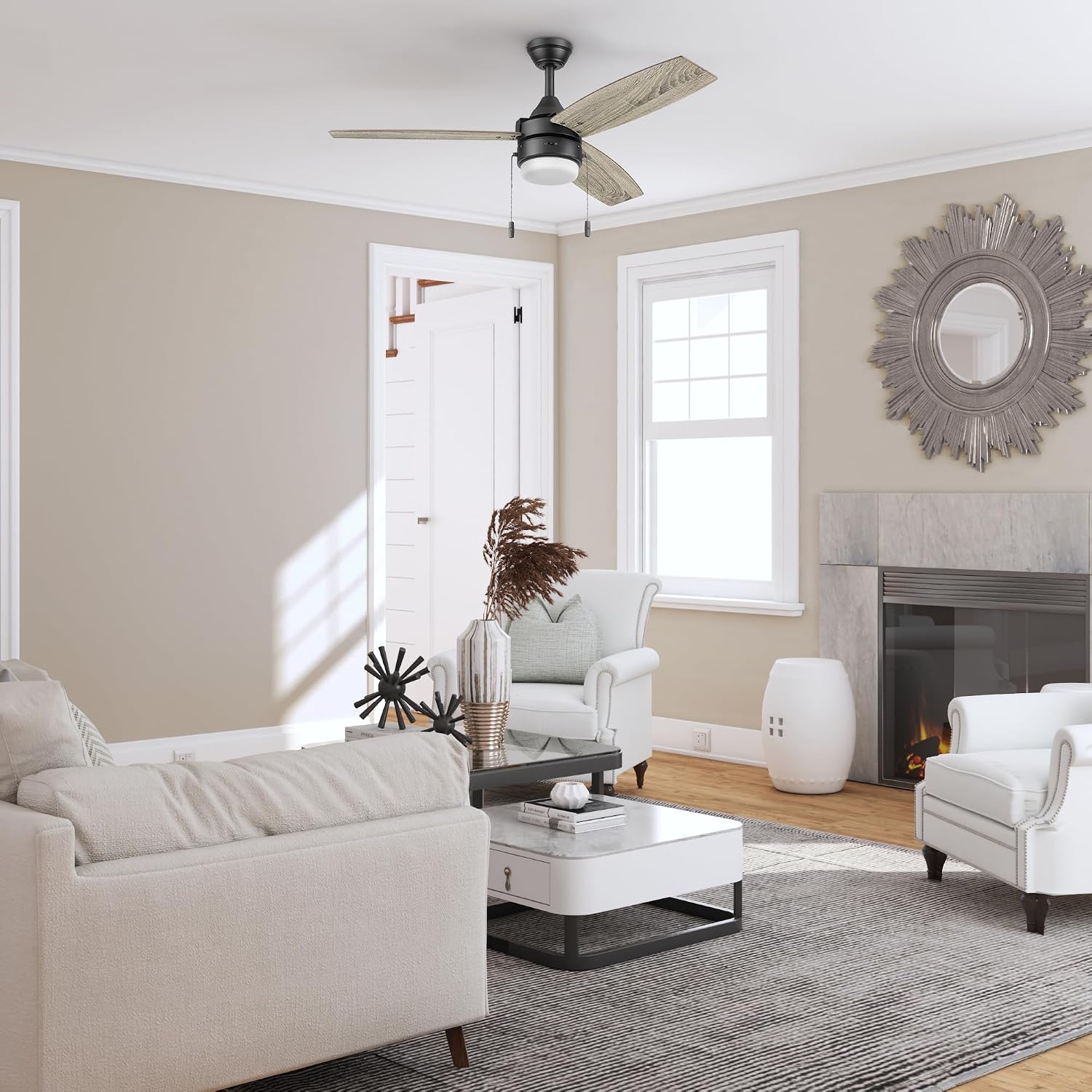 Honeywell Ceiling Fans Berryhill, 48 Inch Ceiling Fan with Color Changing LED Light, Pull Chain, Dual Mounting Options, 3 Dual Finish Blades, Reversible Airflow - 51858-01 (Matte Black)
