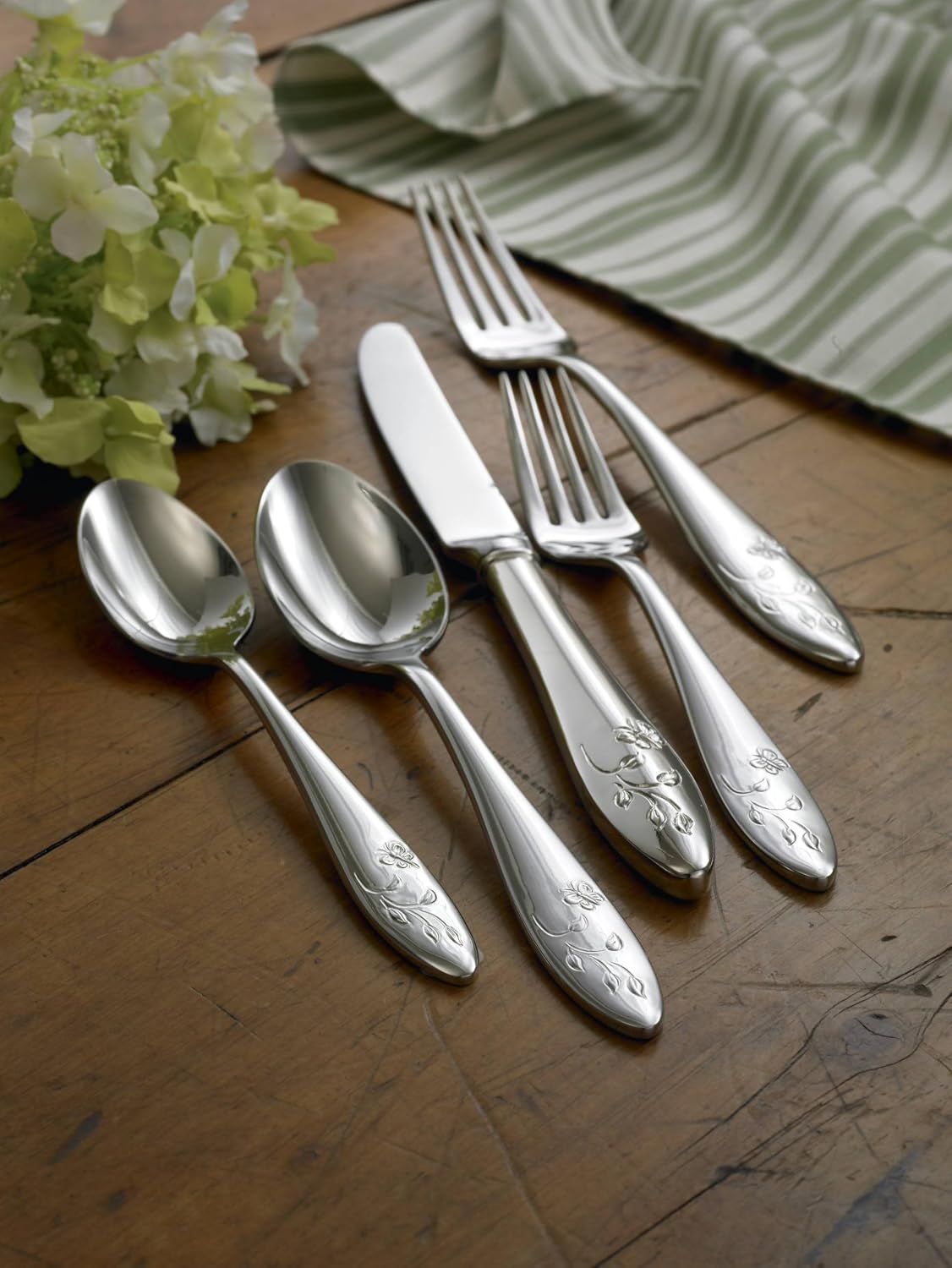 Lenox Silverware Set For 12, Butterfly Meadow 65-Piece Flatware Set, Service For 12, 18/10 Stainless Steel, Dishwasher Safe, Butterfly and Flower Motif, Includes Serving Utensils (Silver, 65 Piece)