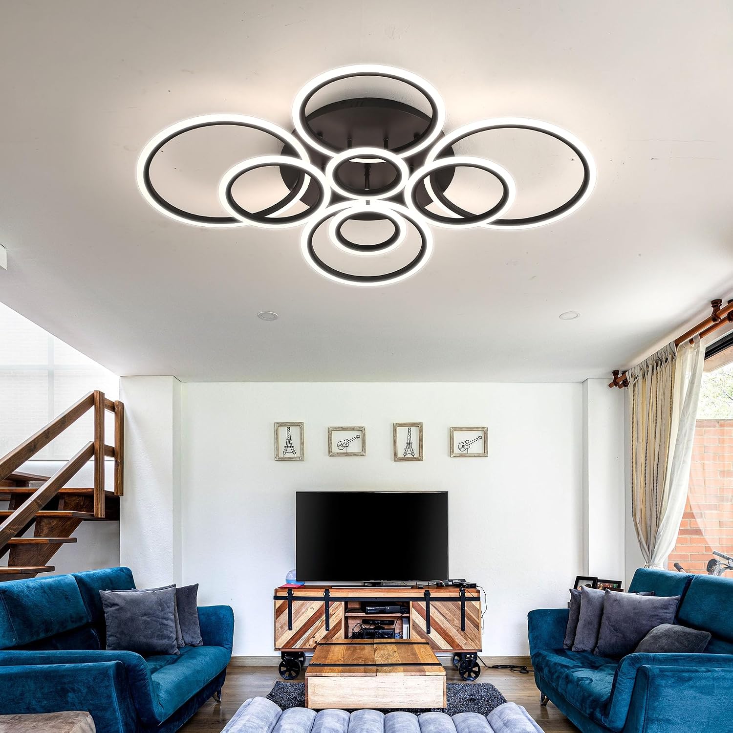 Modern LED Ceiling Light 41inch with Remote Dimmable 8 Ring Flush Mount Ceiling Light Fixture for Living Room Bedroom Kitchen Dining Room (Black)