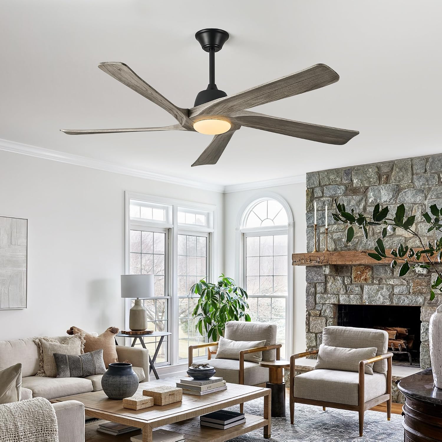 60' Solid Wood Ceiling Fan with Lights, Remote and APP Control, 3-color Dimmable LED, 6-speed Reversible, Modern Ceiling Fans for Bedroom, Living Room, Outdoor/Indoor, Greywood